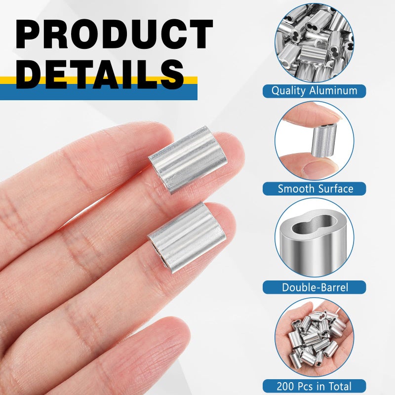 Yaocom 200 قطعة من Yaocom 1/8 بوصة من الألومنيوم مع حلقات تجعيد وحلقات سلكية وأكمام حبل سلكية بقطر 1/8 بوصة وأطراف خط الكابل - Image 3